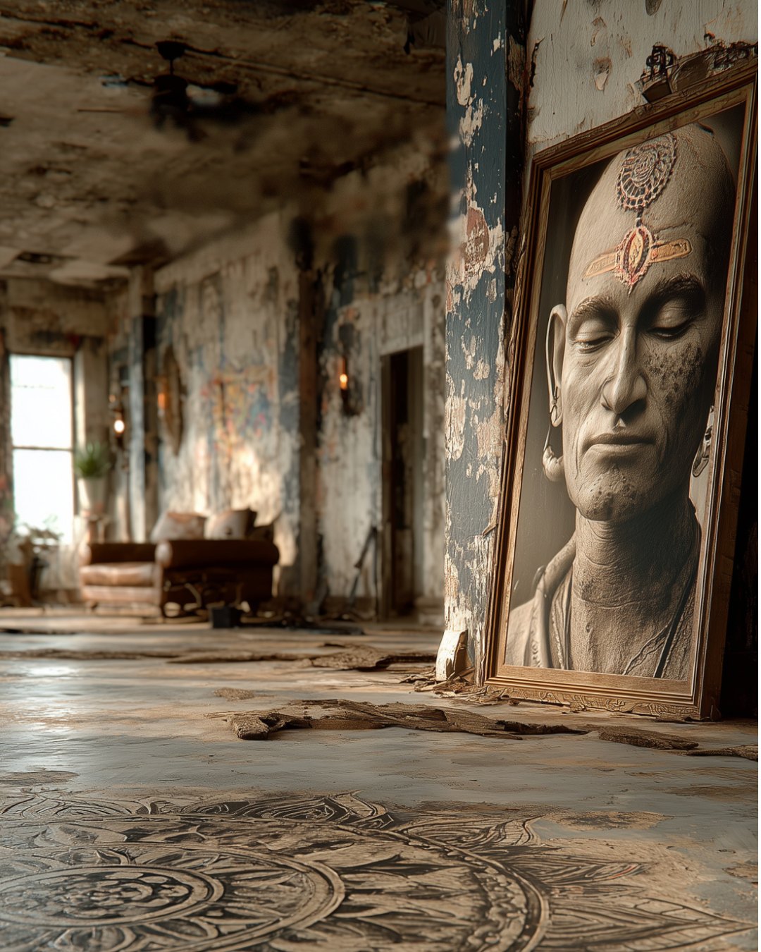 Der Hierophant: Im verlassenen Flur lehnt ein altes Bildnis an der Wand, und im Staub zu seinen Füßen zeichnet sich ein Muster ab, das niemand mehr erklärt.