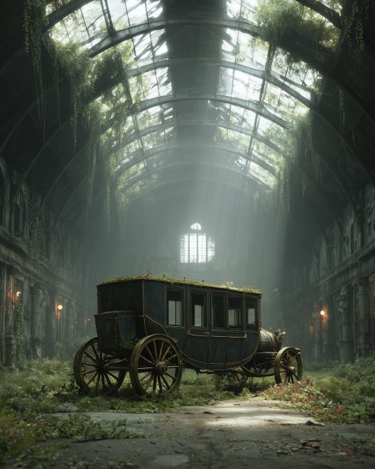 Der Wagen: Die Kutsche steht still in der verlassenen Glashalle, Moos wächst über ihr Dach, und das Licht fällt schräg durch die gebrochenen Scheiben.