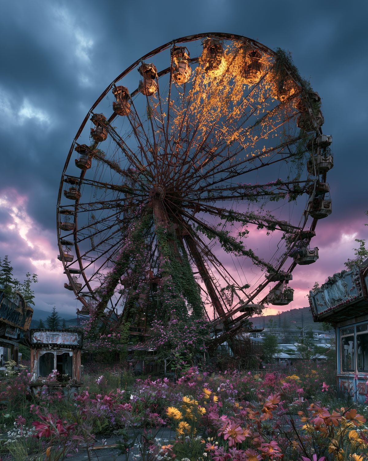 Das Rad: Auf dem verlassenen Jahrmarkt blühen Wildblumen zwischen den Ständen, und das Riesenrad steht still, während unter ihm alles weiterwächst.