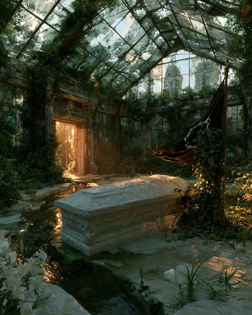 Der Tod: Im Glashaus hat sich die Natur alles zurückgeholt, Wasser steht zwischen den Steinen, und durch die offene Tür fällt warmes Licht.