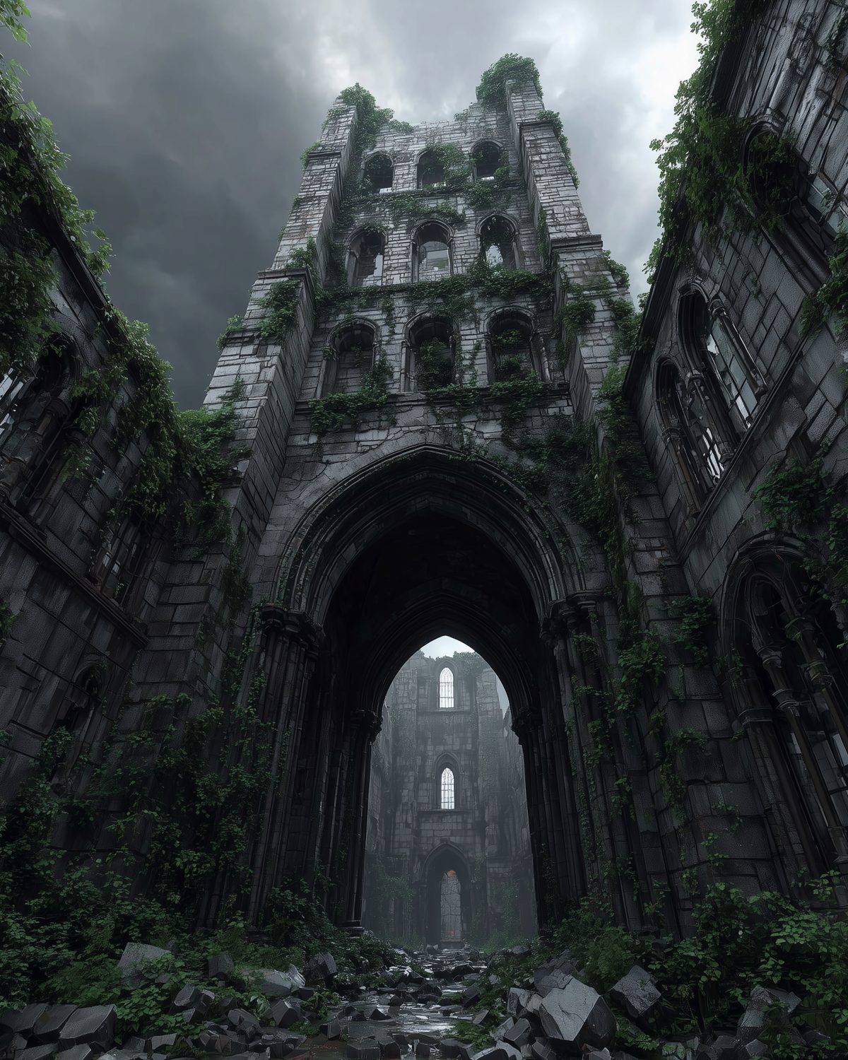 Der Turm: Der Turm steht unter einem schweren Himmel, und durch sein offenes Tor sieht man schon den Weg, der hinter den Trümmern weiterführt.