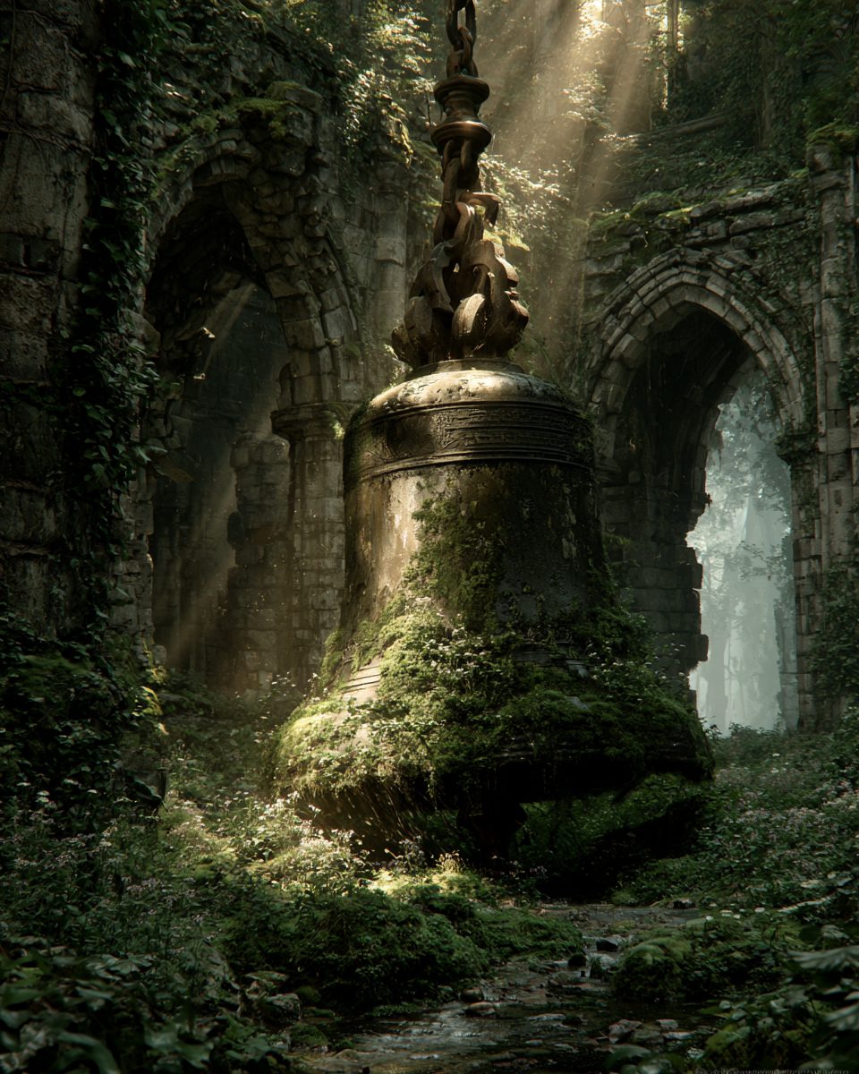 Das Gericht: Der Wald hat sich die alte Kirche zurückgeholt, und die Glocke liegt halb in der Erde, als hätte jemand versucht, sie zum Schweigen zu bringen.