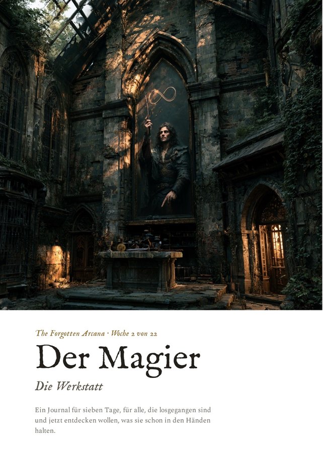 Titelseite des Journals „Der Magier · Die Werkstatt“ mit der verlassenen Kapelle im Abendlicht.